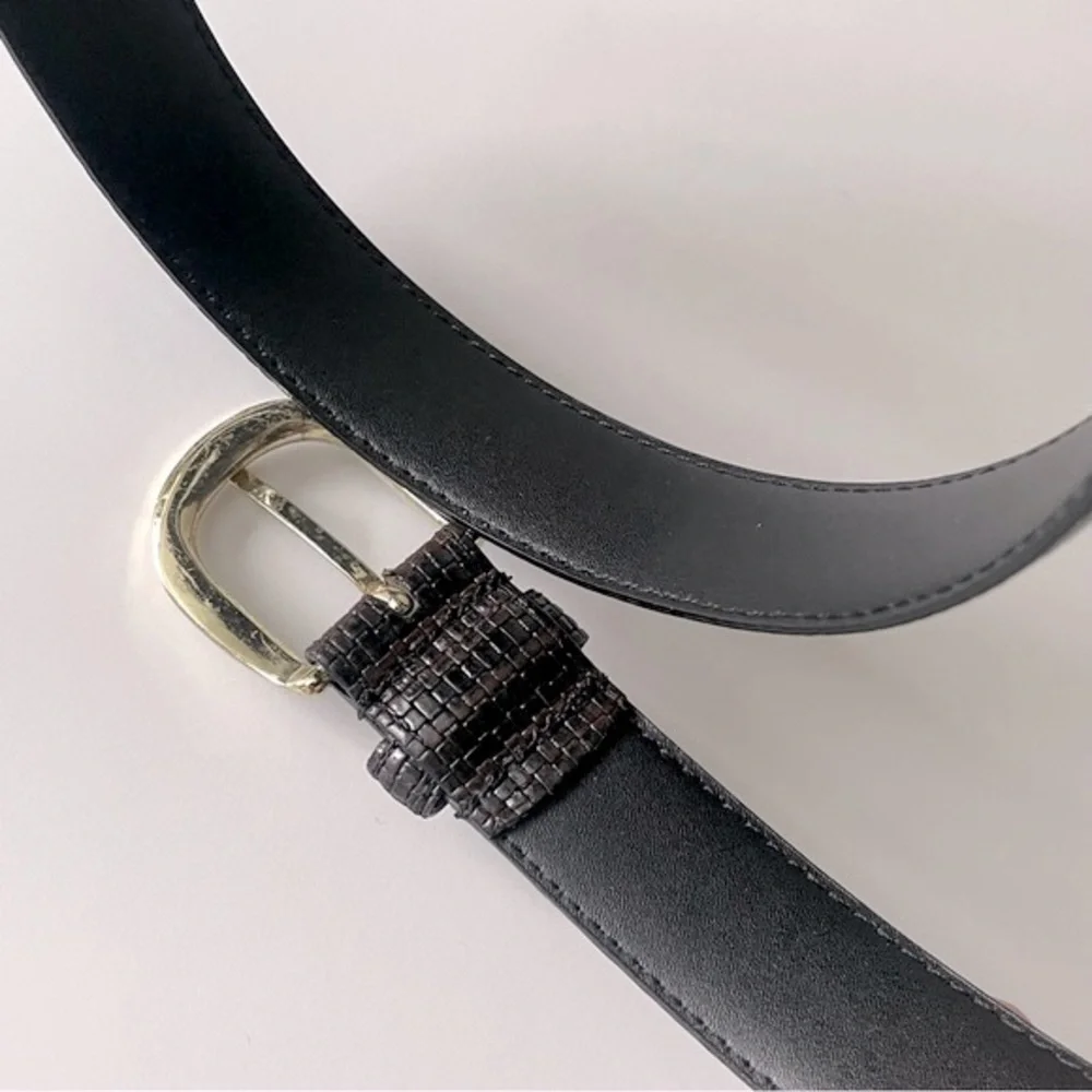 Genuine Leather Belt Black Brown Print Pattern Size 38 Unisex